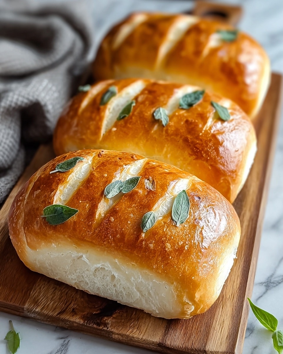 The image shows three golden-brown loaves of bread on a wooden cutting board. Each loaf has a shiny, crispy crust with deep slashes on the top that reveal the soft white inside. Small green leaves are scattered over the crusts, adding a fresh touch to the warm tones of the bread. The texture of the bread appears light and airy, with some flour dusting visible on the crust. A folded light blue cloth is partially visible in the bottom right corner, and the background is a white marbled texture. photo taken with an iphone --ar 4:5 --v 7