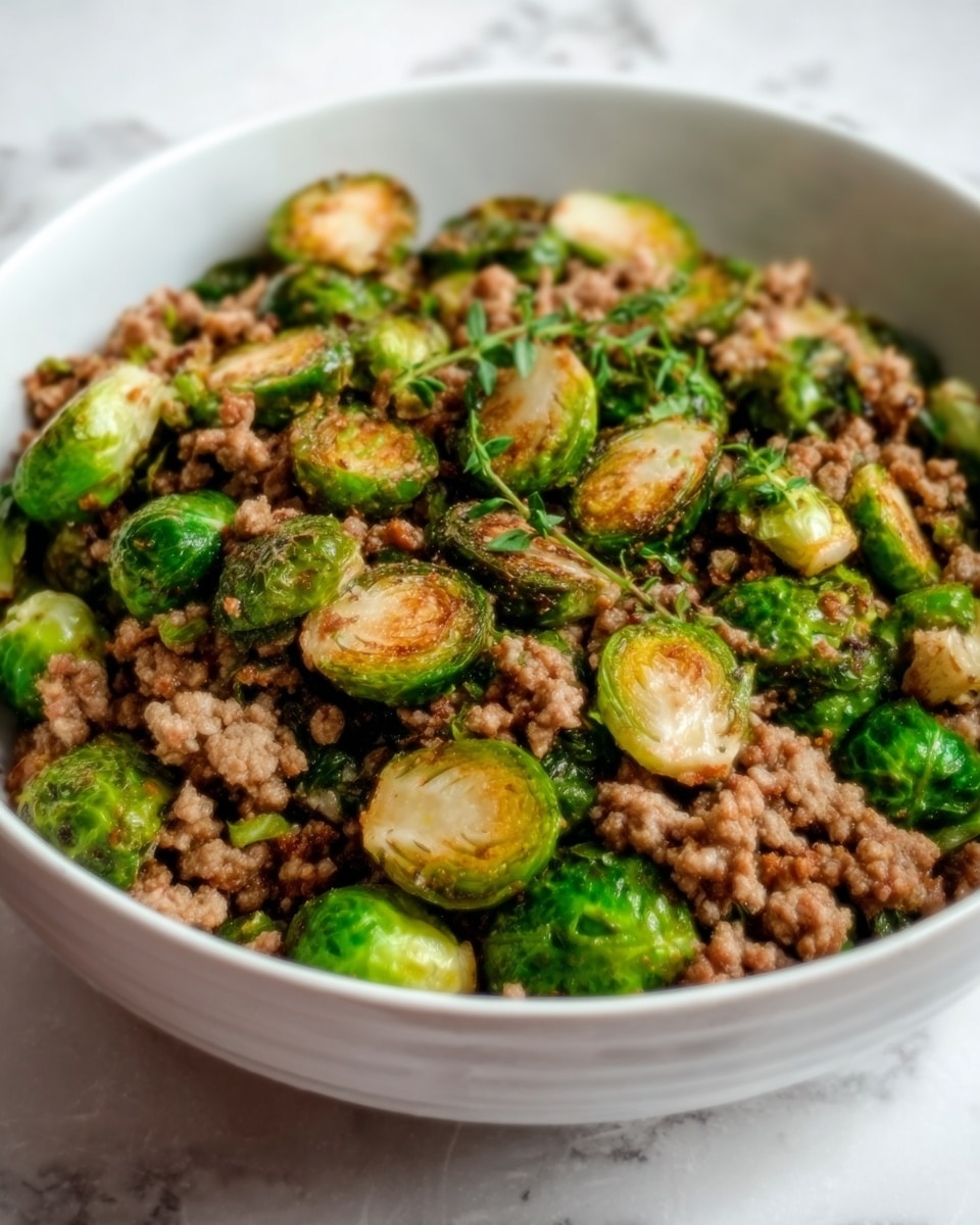 The image shows a white bowl filled with cooked ground meat mixed with bright green Brussels sprouts cut in half. The Brussels sprouts are slightly roasted with a light brown sear on the outer leaves, giving a crispy texture. The ground meat is crumbly and cooked evenly, forming a base layer mixed throughout with the Brussels sprouts. The colors contrast with the light green and brown hues standing out against the white bowl. The bowl sits on a white marbled surface. Photo taken with an iphone --ar 4:5 --v 7