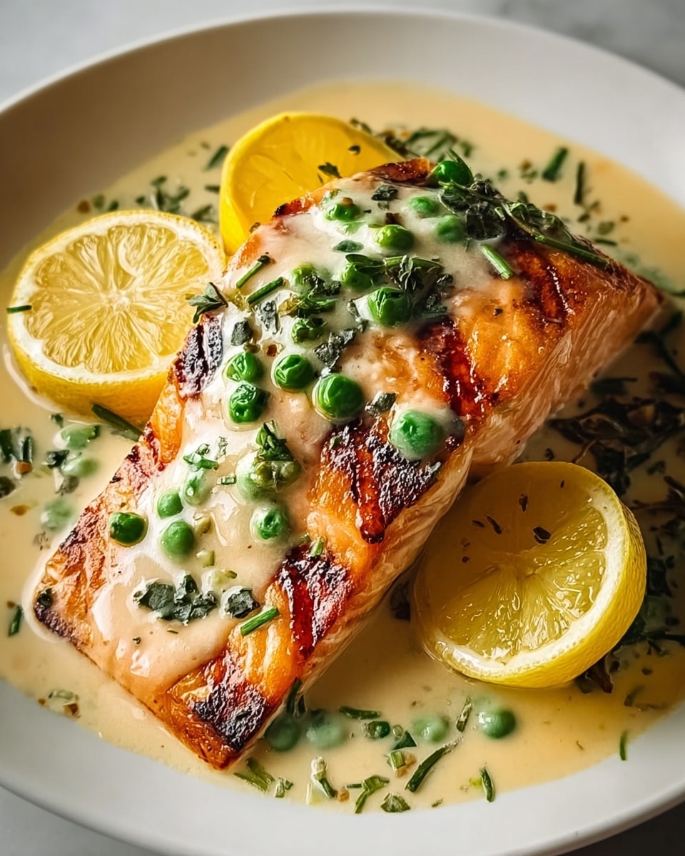 A thick piece of grilled salmon with clear grill marks sits on a white plate, topped with a light cream sauce that covers most of the fish. The sauce has small green peas and chopped dark green herbs scattered throughout. Three halves of bright yellow lemon are placed on and around the salmon, adding a fresh look. The edges of the salmon show a juicy, pink-orange color with slightly crispy texture on the top surface. The plate rests on a white marbled texture background. photo taken with an iphone --ar 4:5 --v 7
