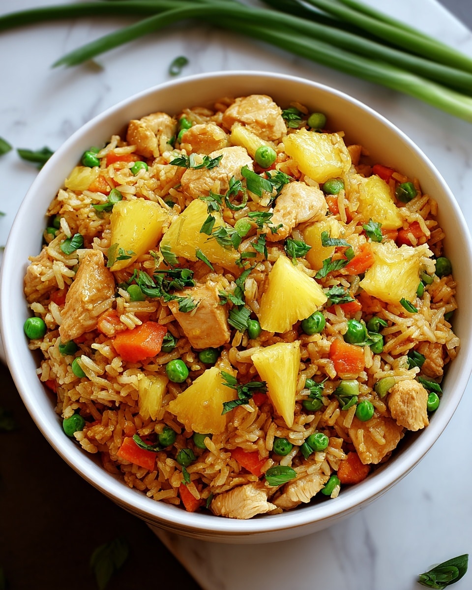 A white bowl filled with fried rice layered with juicy yellow pineapple chunks, tender light brown pieces of chicken, bright green peas, and small diced orange carrots scattered throughout. The top is sprinkled with fresh green chopped herbs. The bowl sits on a white marbled surface with some green onion stalks in the background. Photo taken with an iphone --ar 4:5 --v 7