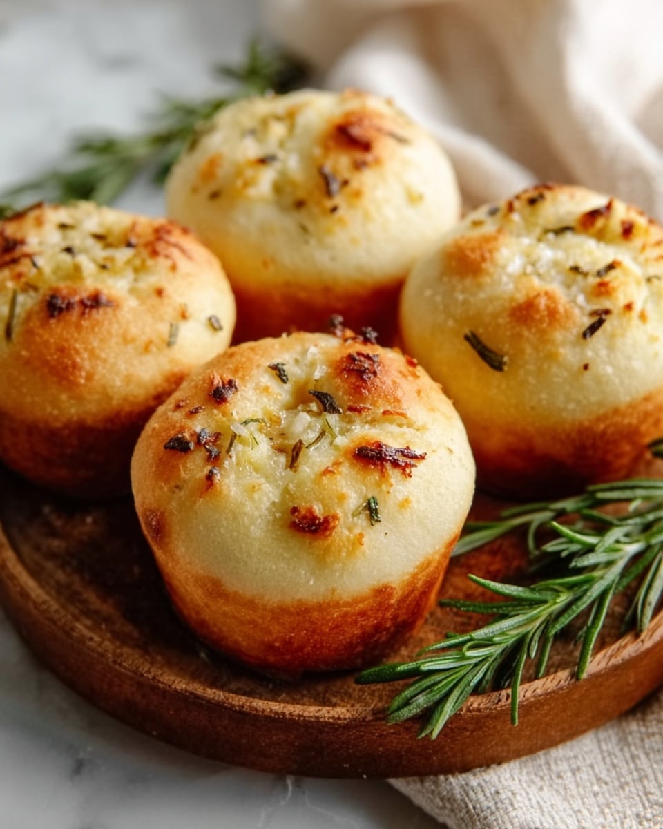 Four small round bread rolls sit on a round white wooden board with a sprig of rosemary beside them. Each roll has a golden-brown top with visible herbs and small browned spots, showing a soft, slightly shiny texture. The sides of the rolls are a light tan color, smooth and fluffy-looking. The background is a white marbled texture with a cream-colored cloth partially visible. photo taken with an iphone --ar 4:5 --v 7