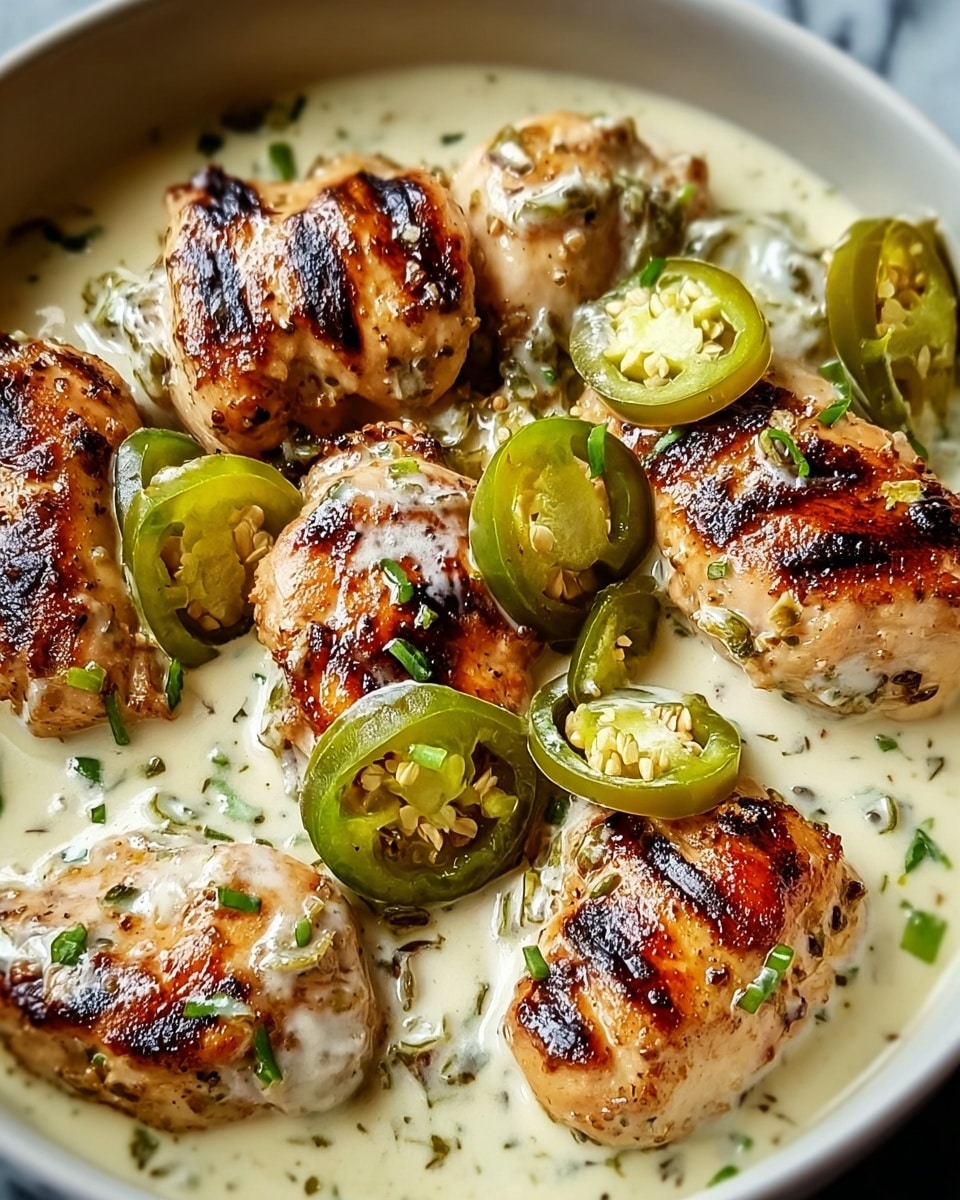 The image shows a close-up of seven browned, grilled chicken pieces with golden brown grill marks, placed in a creamy white sauce that has herbs and small green bits mixed in. Bright green sliced jalapeños are scattered on top and around the chicken, adding a fresh, spicy look. The dish is inside a white bowl, and the texture of the sauce looks smooth and rich, slightly thick enough to coat the chicken. The background is a subtle white marble texture. photo taken with an iphone --ar 4:5 --v 7