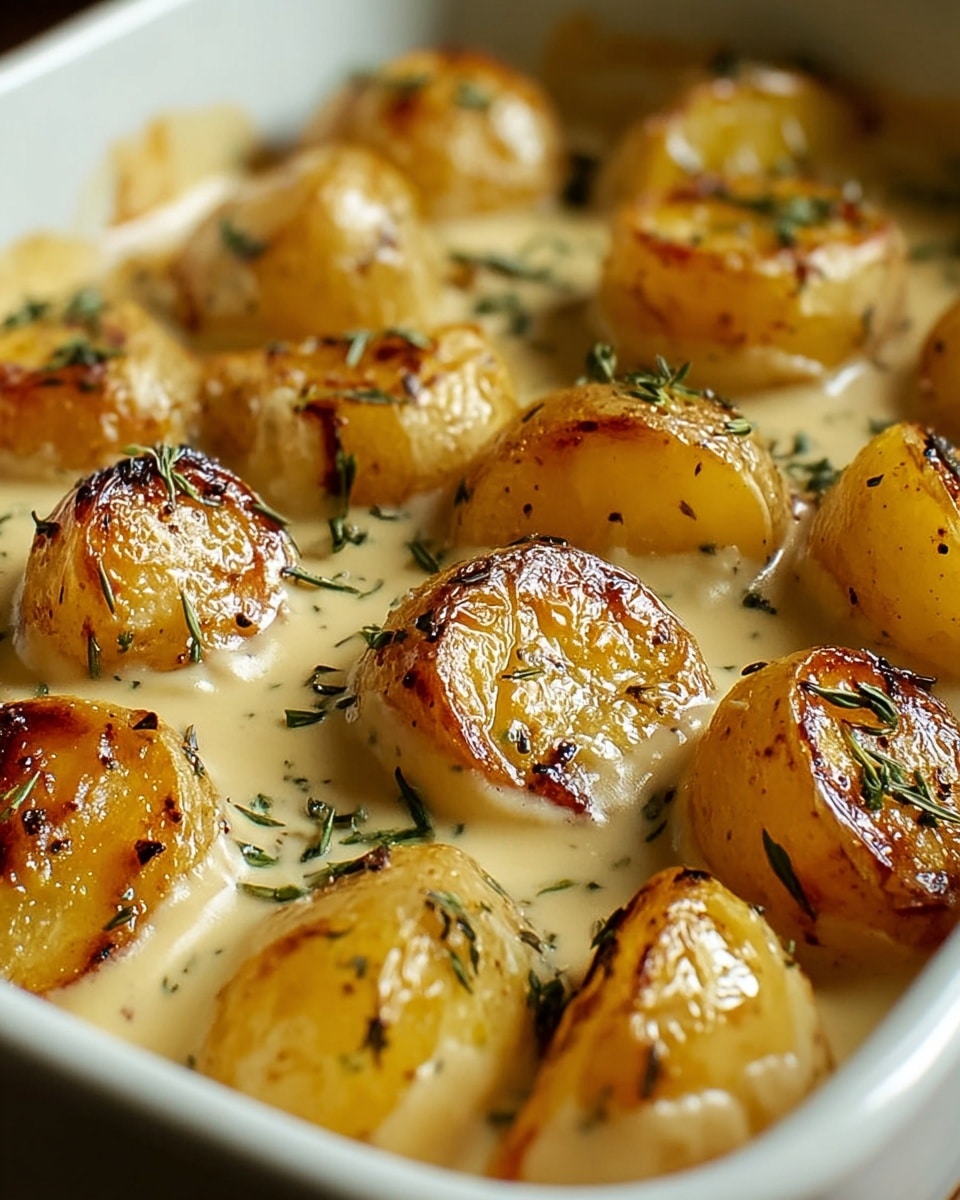 The image shows a close-up of golden brown, halved roasted potatoes arranged closely in a white rectangular dish, each piece with a slightly charred, crispy surface. The potatoes are covered in a creamy light beige sauce with a smooth texture that gently pools around them, dotted with small green herb pieces scattered evenly across the dish. The background consists of a white marbled surface, adding a clean and fresh look to the presentation. photo taken with an iphone --ar 4:5 --v 7