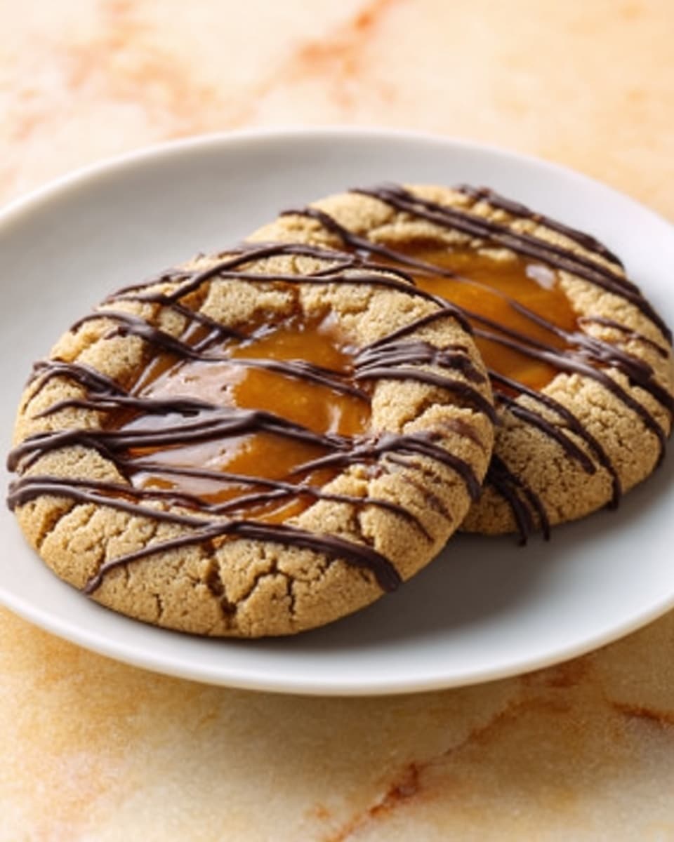 The image shows two round cookies on a white plate, placed on a white marbled surface. Each cookie has a slightly cracked texture with a golden-brown color. The center of each cookie is filled with smooth caramel, which has a shiny, gooey look. On top of the caramel, there are thin, dark chocolate drizzles crossing over in a random pattern. Photo taken with an iphone --ar 4:5 --v 7