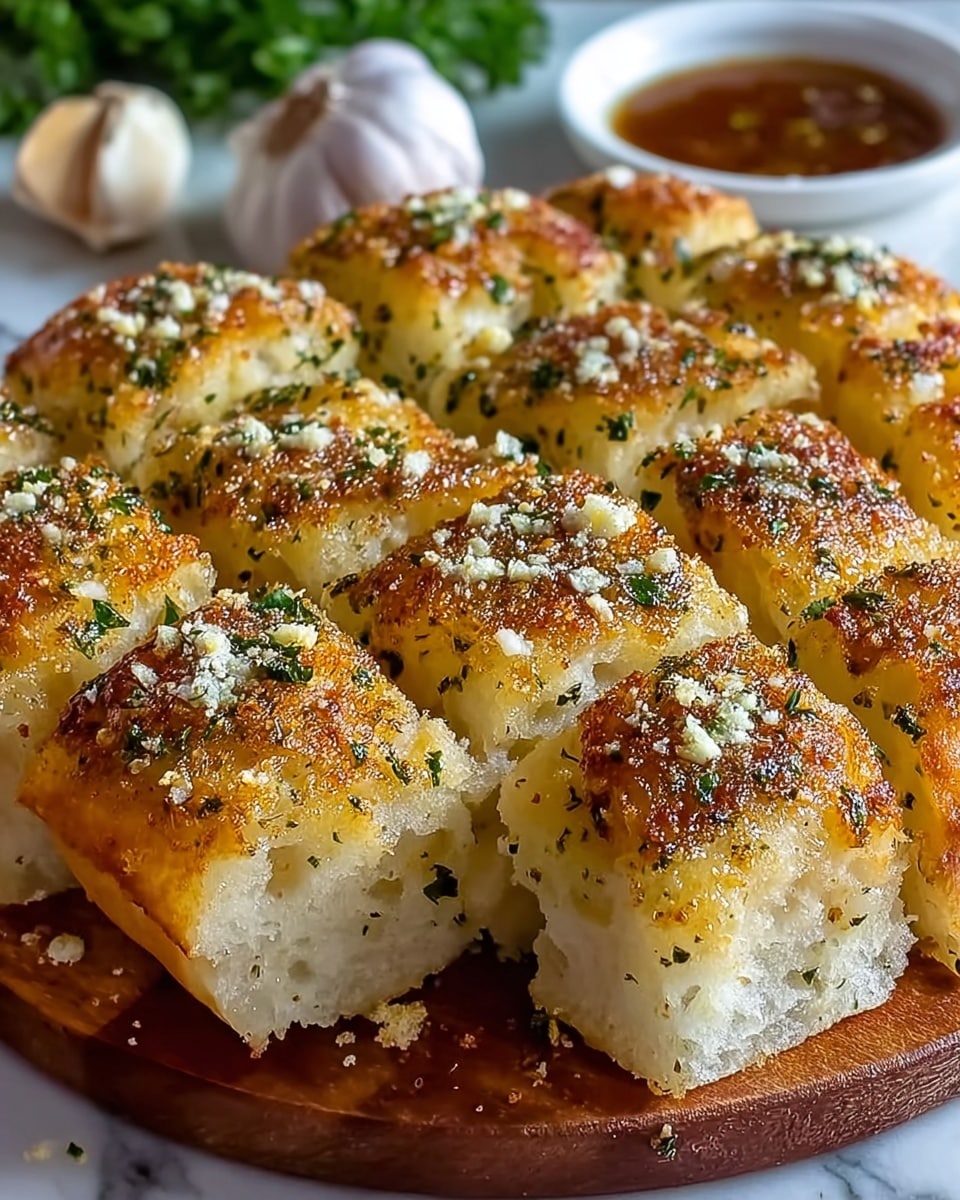 The image shows thick square pieces of golden brown bread arranged in a circular pattern on a wooden board. Each piece has a crispy top layer sprinkled with green herbs and small white crumbs. The bread inside is soft and fluffy, with a pale color and airy texture. In the background, there is a white bowl with a brown sauce and a garlic bulb on a white marbled textured surface. photo taken with an iphone --ar 4:5 --v 7