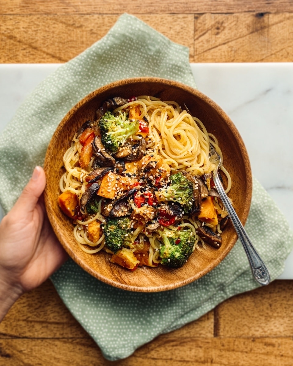 The image shows a wooden bowl filled with a colorful noodle dish on a white marbled surface. The bottom layer of the bowl has long, light yellow noodles twisted and spread out. On top of the noodles, there is a mix of bright green broccoli florets, orange chunks of sweet potato, dark brown pieces of mushrooms, and thin slices of light yellow bamboo shoots. The dish is sprinkled with black and white sesame seeds, and some red pepper flakes add small touches of red. A silver fork rests inside the bowl, positioned on the right side, and a woman’s hand is holding the rim of the bowl from the left. The bowl sits on a pale green cloth with a subtle square pattern. Photo taken with an iphone --ar 4:5 --v 7