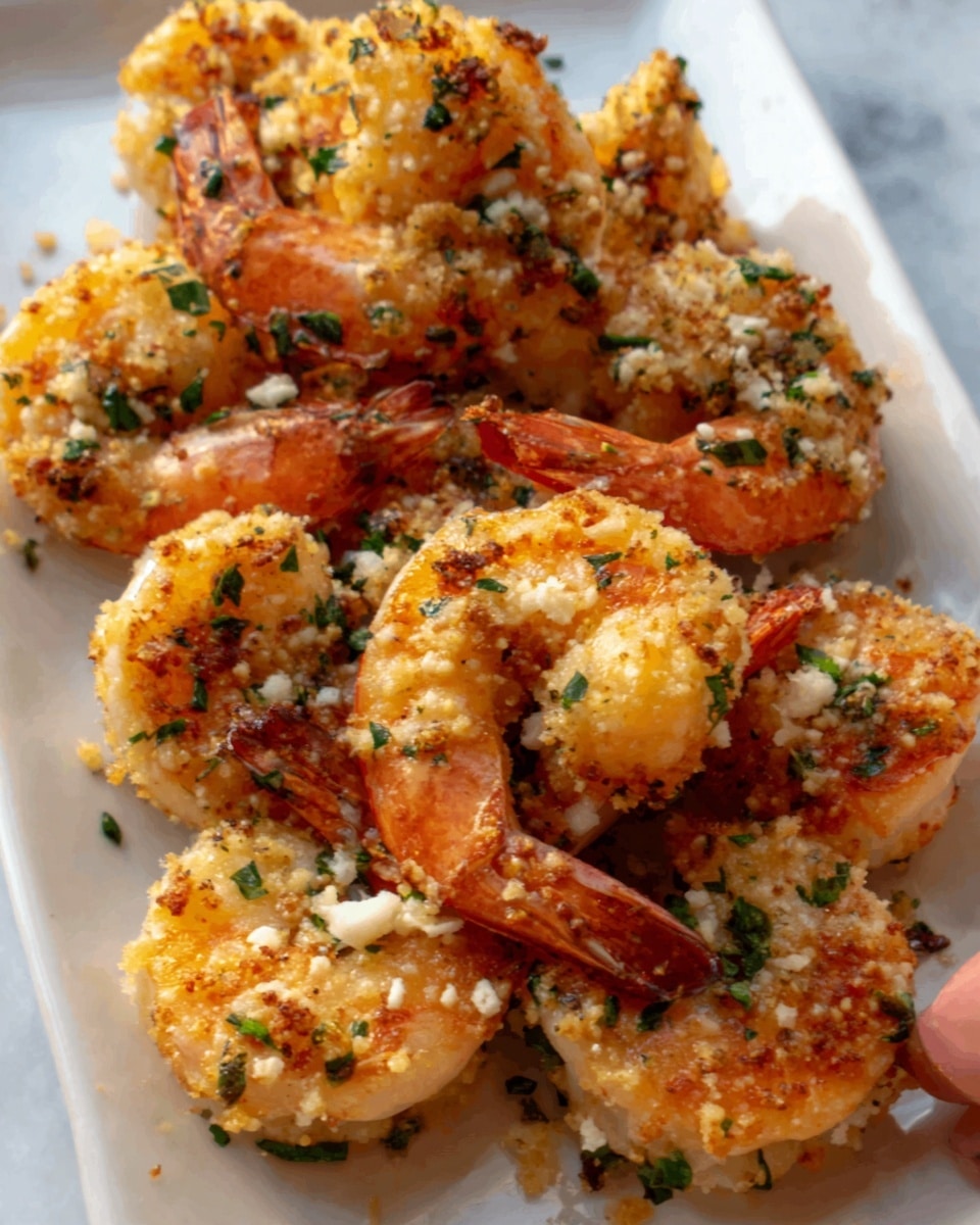 The image shows a close-up of cooked shrimp arranged closely in a single layer on a white plate. Each shrimp is coated with a golden-brown garlic and herb topping that looks crispy and slightly oily. Small pieces of toasted garlic and chopped green herbs are spread evenly over the shrimp, adding texture and color contrast. The shrimp's tails are visible, curling gently, with a slight orange-red hue. The white plate sits on a white marbled surface, enhancing the vibrant colors of the shrimp. photo taken with an iphone --ar 4:5 --v 7