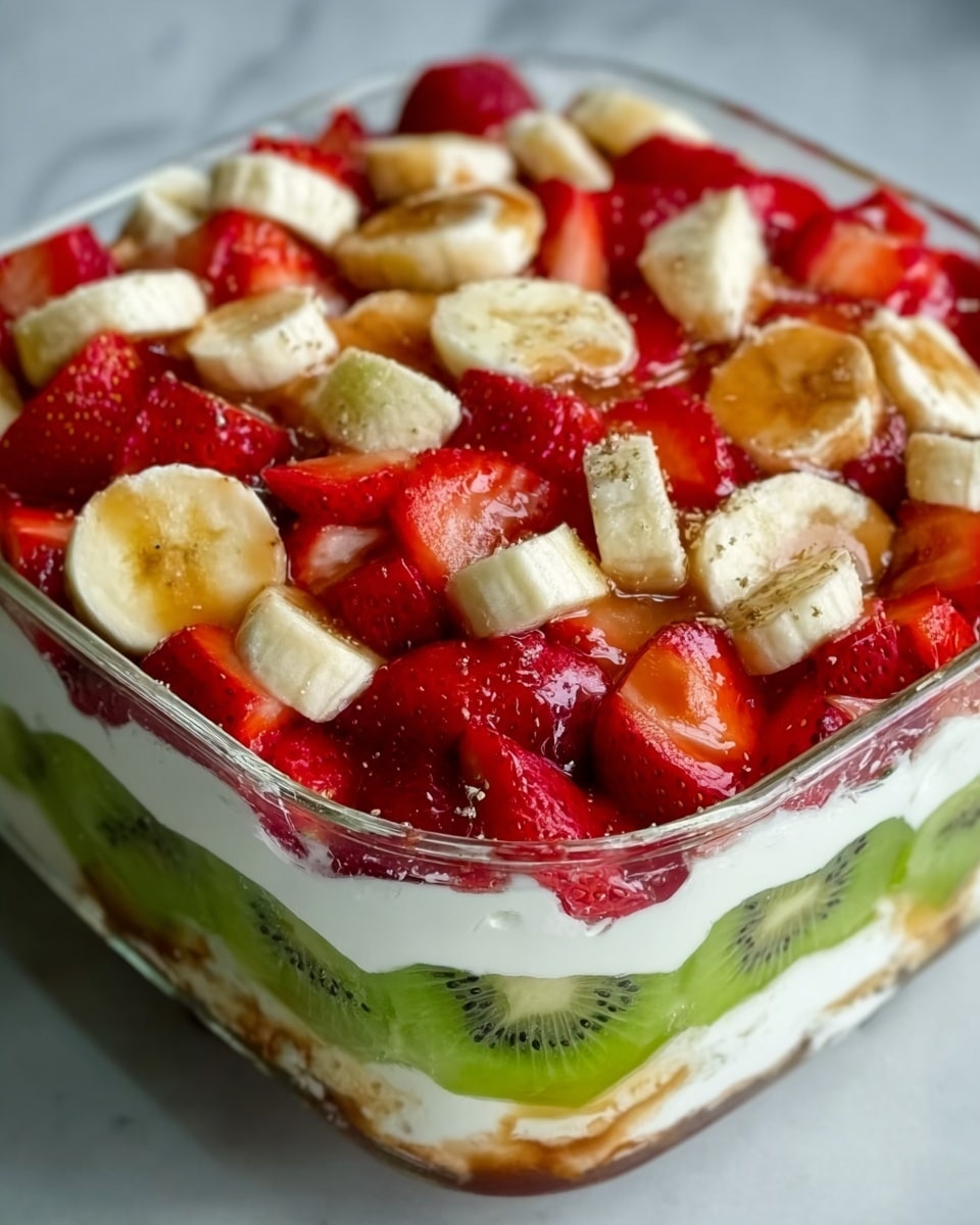 A clear rectangular glass container filled with colorful chopped fruit pieces layered evenly. The top layer shows a mix of red strawberries, light green kiwi chunks, light yellow banana slices, and small round pale orange pieces that look like grapes, all close together and fresh. The fruit pieces have a shiny and juicy texture, with some small seeds visible on the strawberries. The container sits on a white marbled surface. photo taken with an iphone --ar 4:5 --v 7