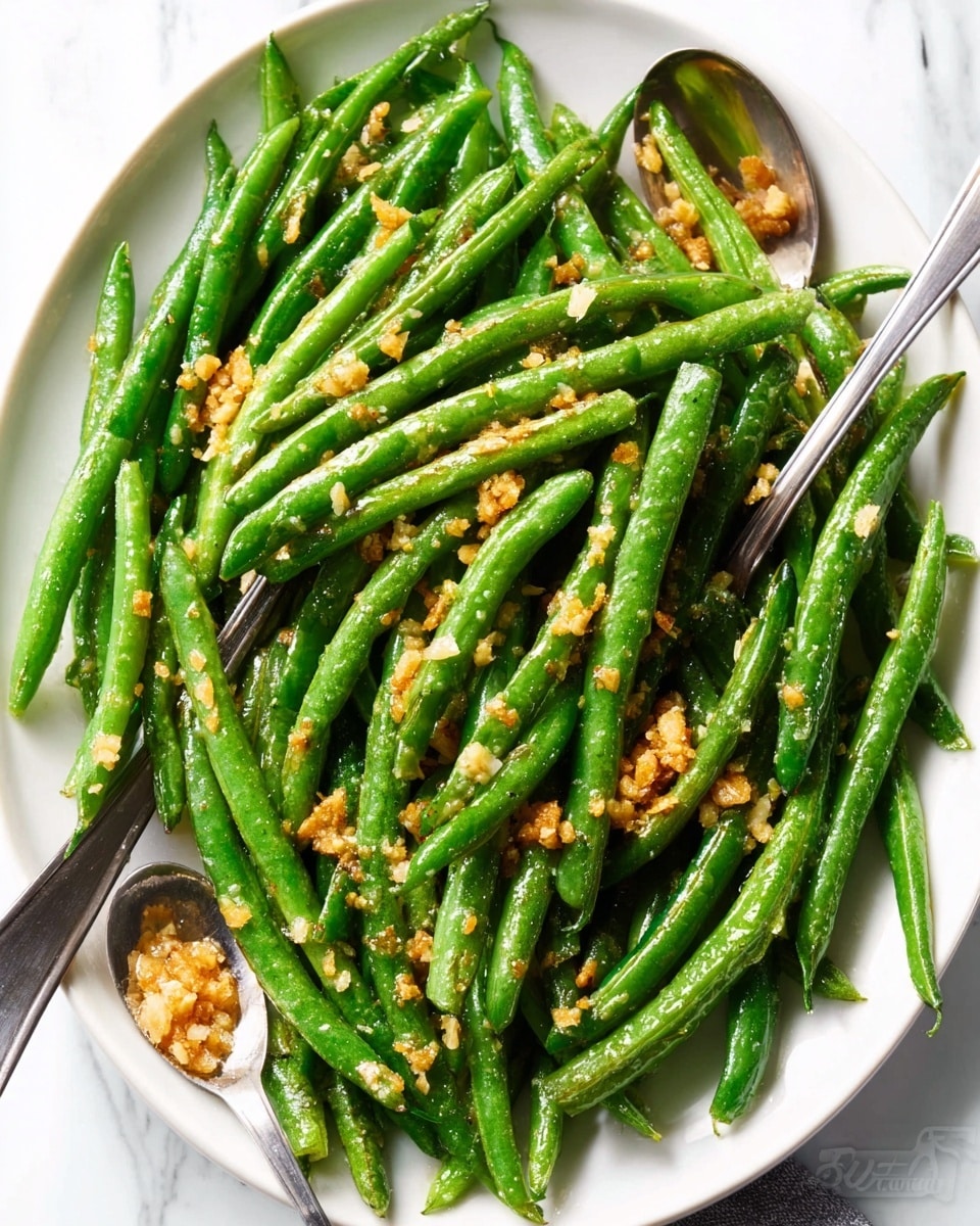 A close-up image shows a white plate filled with cooked green beans arranged in a heap. The green beans are bright green and have a shiny, slightly oily texture. Scattered on top are small, light golden pieces of garlic and a sprinkling of coarse salt or cheese that adds a rough texture. Two silver serving spoons rest on the plate, partially under the green beans, one on the left side and one on the right. The background is a white marbled surface. The photo was taken with an iphone --ar 4:5 --v 7