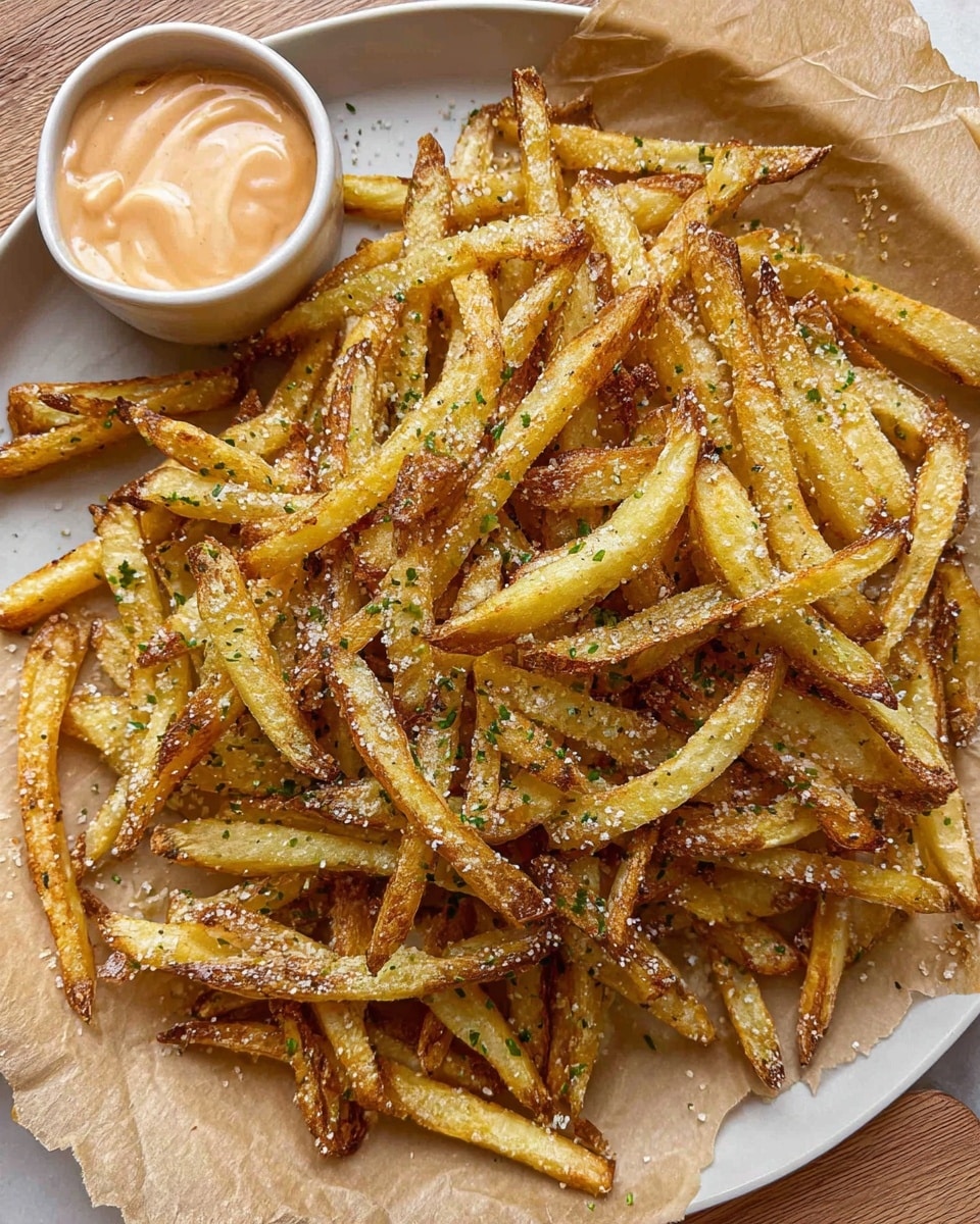 A large white plate lined with light brown parchment paper holds a generous pile of thin, golden-brown French fries with crispy edges and sprinkled with small bits of grated cheese and green herbs. To the side, there is a white bowl filled with a creamy, pale orange dipping sauce. The plate and bowl rest on a white marbled surface. photo taken with an iphone --ar 4:5 --v 7