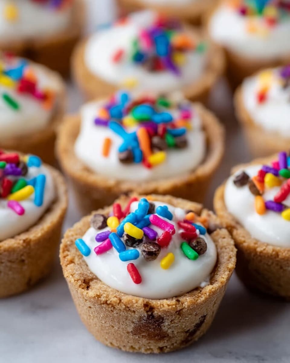 A close-up image of several small dessert cups made with a light brown cookie crust forming one layer, each filled with a smooth white cream as the second layer, topped with colorful round and rod-shaped sprinkles in bright shades of blue, red, green, yellow, purple, and orange. The dessert cups are arranged closely on a white marbled surface, showing soft shadows and a shallow depth of field that blurs the background desserts slightly. The texture of the cookie crust looks crumbly while the cream appears soft and fluffy. photo taken with an iphone --ar 4:5 --v 7