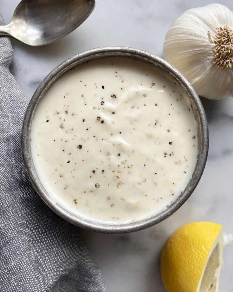 A round metal bowl filled with a creamy white sauce that has small black pepper specks evenly scattered throughout the smooth surface. The bowl is placed on a white marbled surface, with a whole garlic bulb to the right and a lemon wedge pointing downwards nearby. Part of a grey cloth and a metal spoon are visible in the upper left corner, framing the bowl. The sauce texture looks slightly thick and rich, with the light reflecting softly on the top. photo taken with an iphone --ar 4:5 --v 7