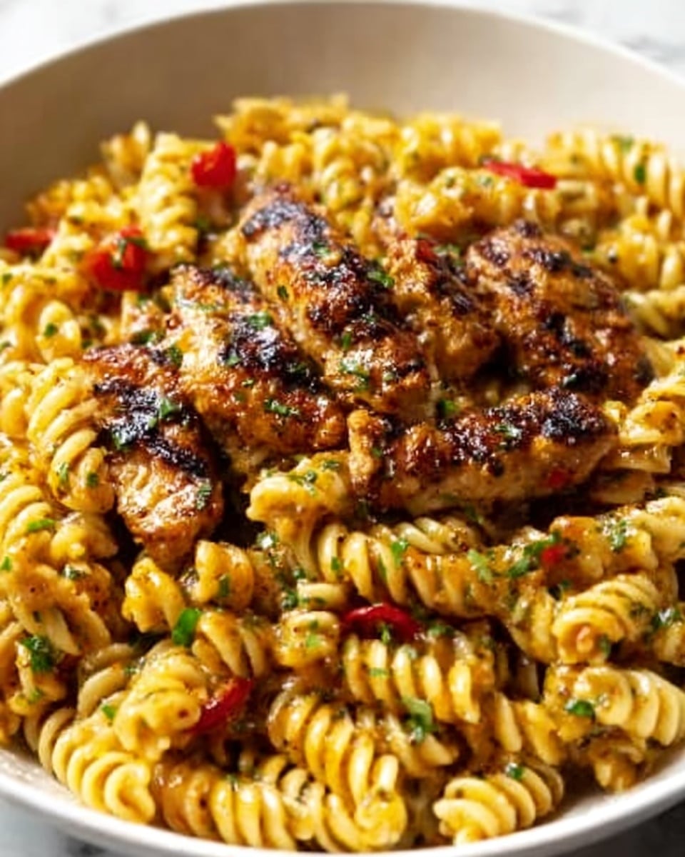 A close-up view of a white bowl filled with cooked rotini pasta, coated in a yellowish sauce with visible seasonings. On top, there are several pieces of grilled chicken with dark brown grill marks, some sprinkled with finely chopped herbs. Scattered among the pasta are small slices of red chili peppers and bits of green herbs, adding color contrast. The dish looks creamy and well-mixed, with the chicken pieces sitting evenly across the pasta. The background is a white marbled texture. Photo taken with an iphone --ar 4:5 --v 7