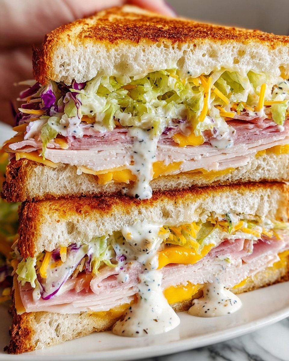 A close-up of a thick sandwich cut in half, held by a woman's hand, showing multiple layers inside white toasted bread with a golden brown, crisp texture. The layers inside include thin slices of pale pink turkey and deeper pink ham stacked neatly in the middle, topped with bright yellow melted cheddar cheese. Above the cheese, there are shredded light green lettuce and thin slices of purple onion. A creamy, white dressing with specks of black pepper is drizzled generously over the top layers, slightly dripping down the sides. The sandwich is placed on a white plate over a white marbled surface. photo taken with an iphone --ar 4:5 --v 7