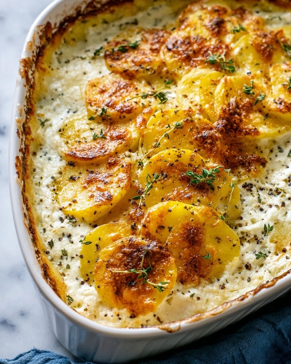The image shows a white baking dish filled with layered scalloped potatoes. The dish has multiple layers of thinly sliced yellow potatoes arranged slightly overlapping in a neat pattern across the top. The potatoes are covered with creamy white sauce, melted cheese that is browned and bubbly in spots, creating a golden crust. Small sprigs of fresh green herbs like thyme are scattered on top, along with a sprinkle of black pepper. The dish sits on a white marbled texture surface. Photo taken with an iphone --ar 4:5 --v 7