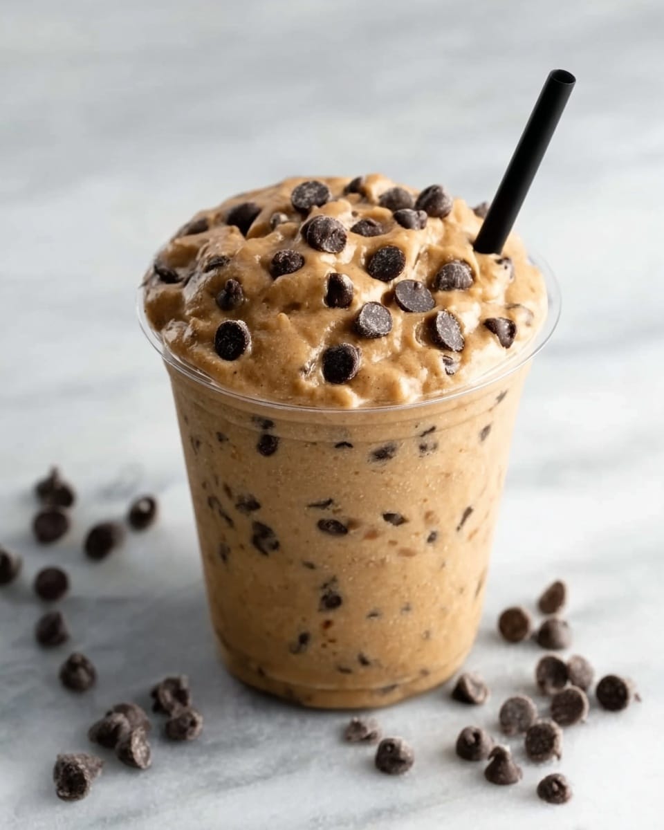 A clear cup filled with a thick, creamy brown mixture, similar to cookie dough, dotted with many dark brown chocolate chips spread evenly throughout. A black straw sticks out from the top right side of the mixture. Around the cup are small clusters of extra chocolate chips scattered on a white marbled surface. photo taken with an iphone --ar 4:5 --v 7