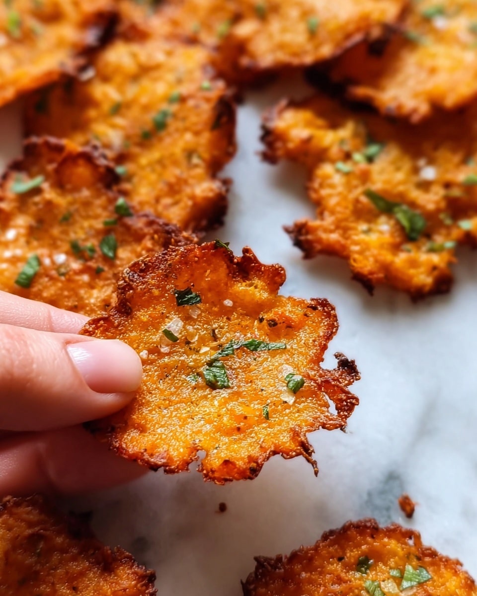 The image shows several crispy, golden-brown chips with a rough texture and small bits of green herbs sprinkled on top. Each chip has an uneven shape with some darker spots indicating a well-cooked finish, and the surface looks slightly oily with a crunchy appearance. In the foreground, a woman's hand is holding one chip close to the camera, emphasizing its texture and color. The chips lie on a white marbled surface that highlights their bright orange and reddish hues. photo taken with an iphone --ar 4:5 --v 7