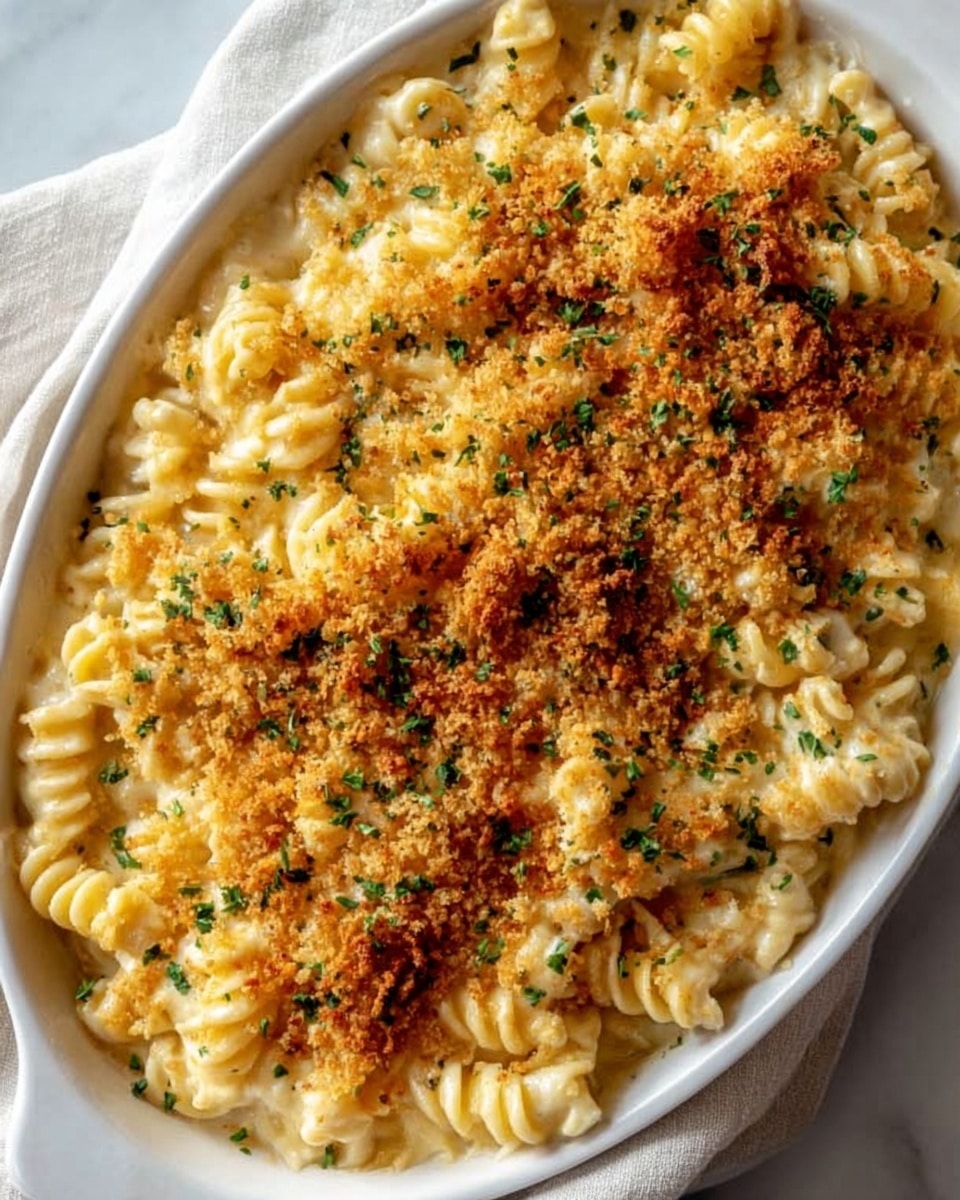 A white oval dish filled with creamy macaroni and cheese made with spiral pasta, topped with a golden brown, crispy breadcrumb layer sprinkled with small pieces of green herbs. The pasta beneath is coated in a smooth, cheesy sauce that is pale yellow and looks rich and soft. The crisp topping has textured, browned spots showing it baked perfectly, and the whole dish sits on a white marbled surface with a light cloth nearby. photo taken with an iphone --ar 4:5 --v 7