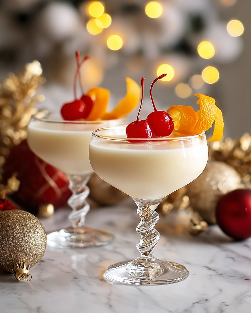Two clear glass coupe glasses each hold a smooth, creamy white drink that fills about three-quarters of the glass. Each drink is topped with a bright red cherry placed in the center and a twisted orange peel garnish resting on the edge. The glasses have short, patterned stems that add an elegant touch. They are placed on a white marbled surface with soft, warm yellow fairy lights and blurred golden and silver Christmas ornaments in the background, creating a festive atmosphere. photo taken with an iphone --ar 4:5 --v 7