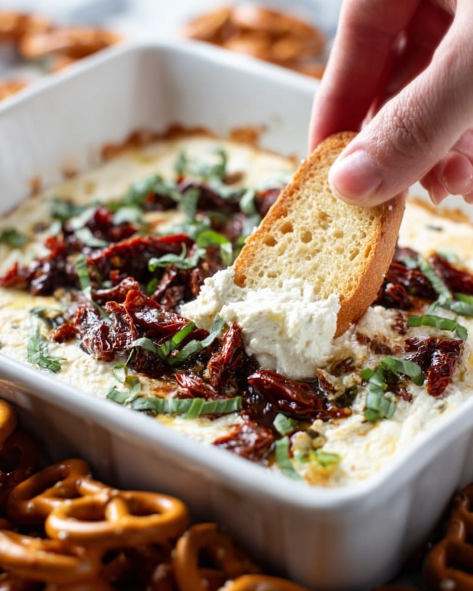 A close-up image of a white rectangular baking dish filled with a creamy white cheese dip topped with small pieces of dark red sun-dried tomatoes and sliced fresh green basil leaves scattered on top. A woman's hand is dipping a crisp light brown toasted bread slice into the cheese dip, lifting it slightly above the surface with some of the dip clinging to the bread. Surrounding the baking dish are more toasted bread slices and pretzels arranged loosely on a white marbled surface. The texture of the cheese appears smooth and creamy, contrasting with the rough texture of the sun-dried tomatoes and fresh herbs. Photo taken with an iphone --ar 4:5 --v 7