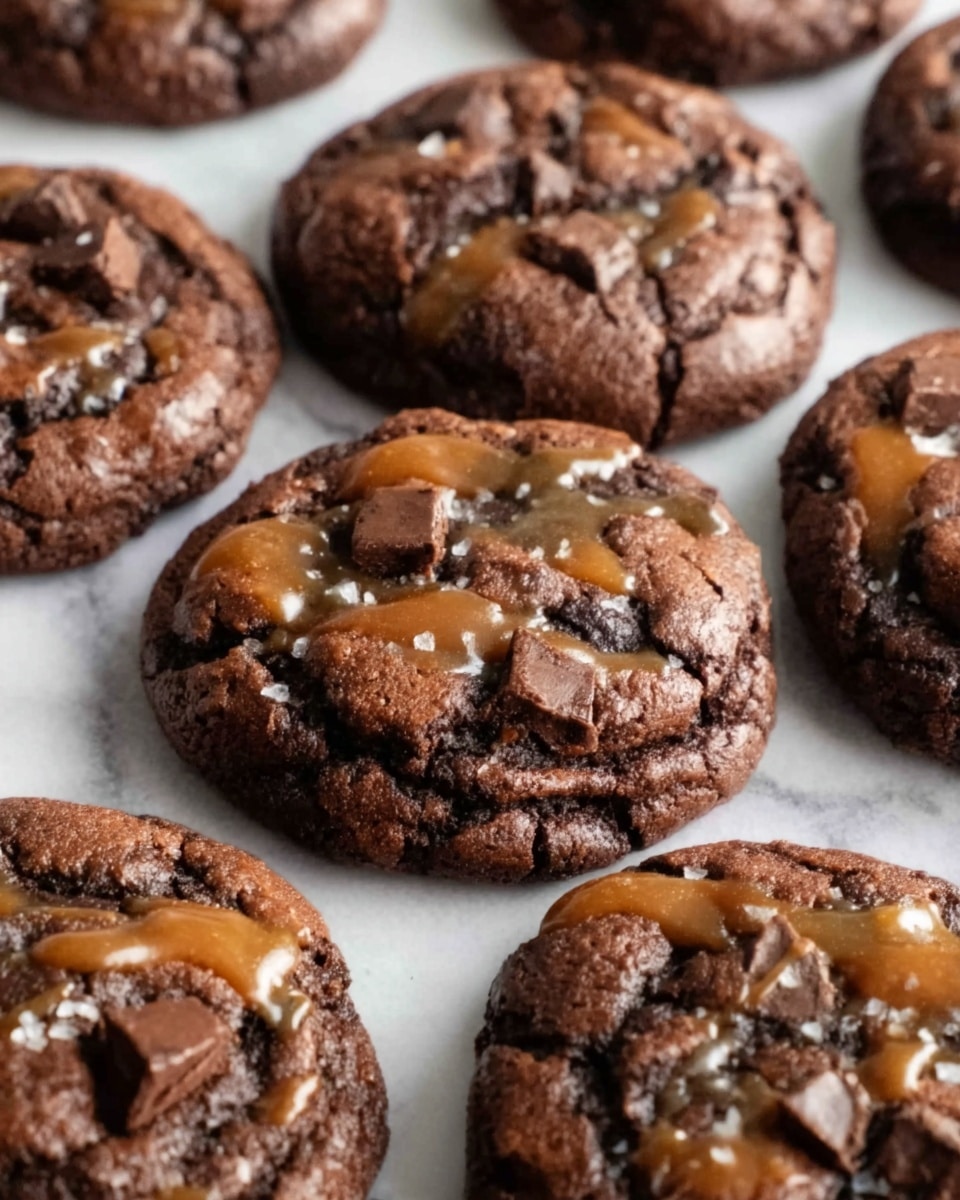 The image shows a close-up of several chocolate cookies on a white marbled surface. Each cookie has a dark brown, cracked texture on top, revealing a soft and chewy inside. There are small chunks of toffee scattered on the surface of each cookie, adding a caramel color contrast against the rich dark chocolate. The cookies are arranged so some are fully visible and others partially cut off, showing depth and a slight shine from the melted toffee pieces. Photo taken with an iphone --ar 4:5 --v 7