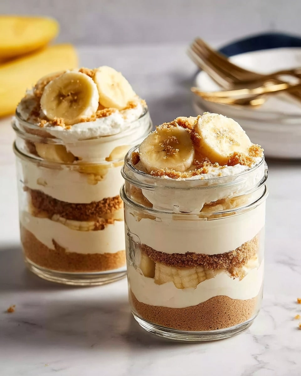 Two clear glass jars filled with a layered dessert stand side by side on a white marbled surface. Each jar has four visible layers starting from the bottom: a crumbly light brown base, followed by a layer of creamy white filling, then a layer of sliced banana pieces, another thick layer of cream, and topped with thin banana slices and sprinkled with more crumbs. The textures are smooth and crumbly, with the bananas adding a soft, fresh look. In the background, there is a blurry white bowl and golden fork placed on a white marbled surface. Photo taken with an iphone --ar 4:5 --v 7