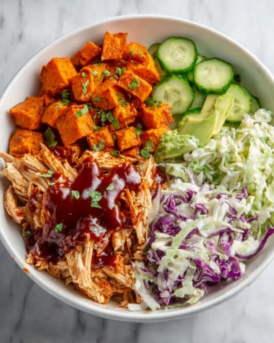 The image shows a white bowl filled with three main layers of food neatly separated. On one side, there are bright orange roasted sweet potato cubes with a slightly crispy texture, topped with small green herbs. Next to it, there are slices of fresh cucumber, light green with a watery look. Another section has shredded white and purple cabbage mixed with chopped avocado. A generous amount of dark red barbecue sauce is drizzled over shredded chicken with a light brown color and soft texture. The bowl sits on a white marbled surface. Photo taken with an iphone --ar 4:5 --v 7