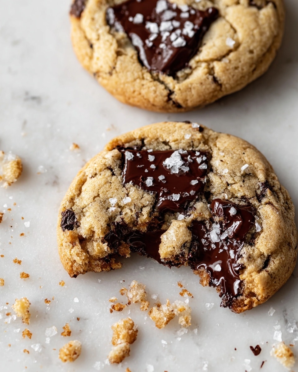 The image shows two thick cookies on a white marbled surface. The top cookie is whole, golden brown with visible dark chocolate chunks melting on top, sprinkled with coarse white salt crystals. The bottom cookie is broken in half, revealing a soft, slightly crumbly texture inside with glossy, melted dark chocolate oozing out. Scattered crumbs and salt flakes surround the cookies, adding texture to the scene. photo taken with an iphone --ar 4:5 --v 7