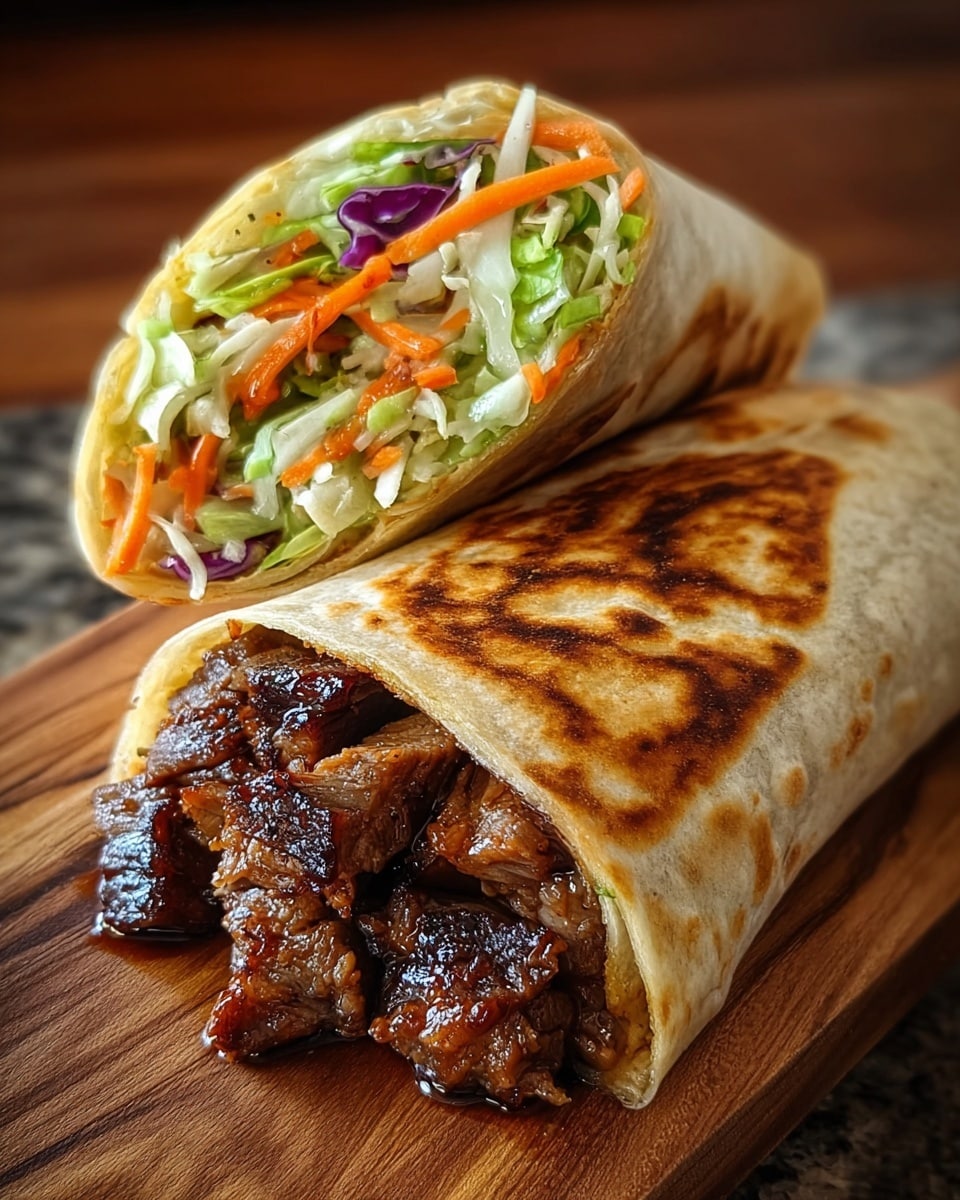 Two halves of a grilled wrap are placed on a wooden board, each cut side facing the camera to show the layers inside. The wrap has a golden-brown toasted outside with some darker char marks. Inside, the bottom layer shows juicy, dark brown grilled chicken pieces with a glossy glaze. Above the chicken, there is a colorful mix of shredded vegetables including green lettuce, orange carrots, and small bits of purple cabbage. The wrap is folded tightly, and the filling looks fresh and well-packed. The background is a white marbled texture. photo taken with an iphone --ar 4:5 --v 7