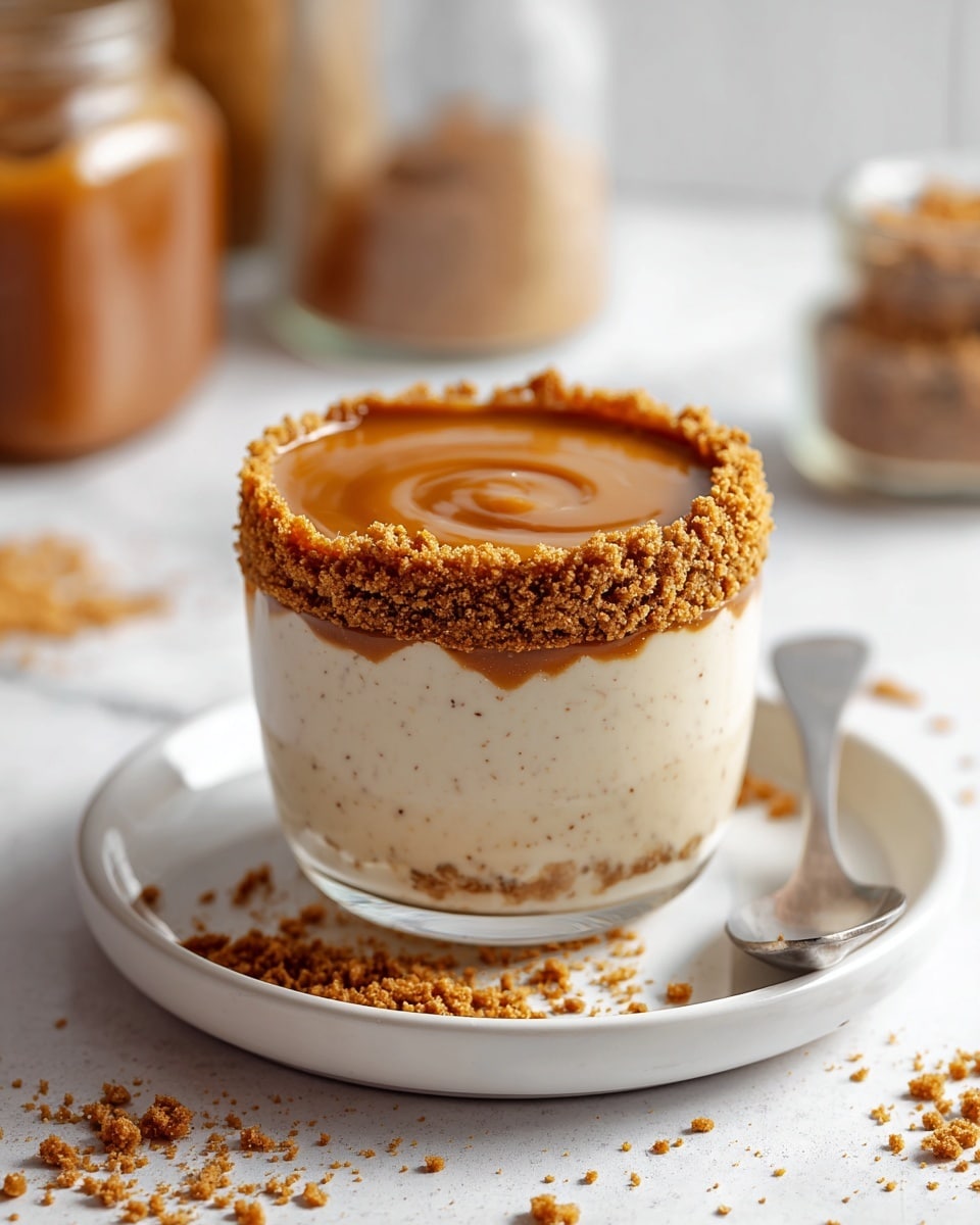 The image shows a clear glass cup filled with two distinct layers of dessert, placed on a white plate with a spoon resting on the side. The bottom layer is creamy and speckled, pale beige with tiny bits giving it texture. The top layer is a smooth, glossy caramel-colored cream that slightly swirls with a few scattered crumbs on top. The rim of the glass is coated with a thick ring of crushed brown cookie crumbs, some falling onto the plate and surface beneath, which is a white marbled texture. In the background, there are blurred jars and containers adding subtle depth. Photo taken with an iphone --ar 4:5 --v 7