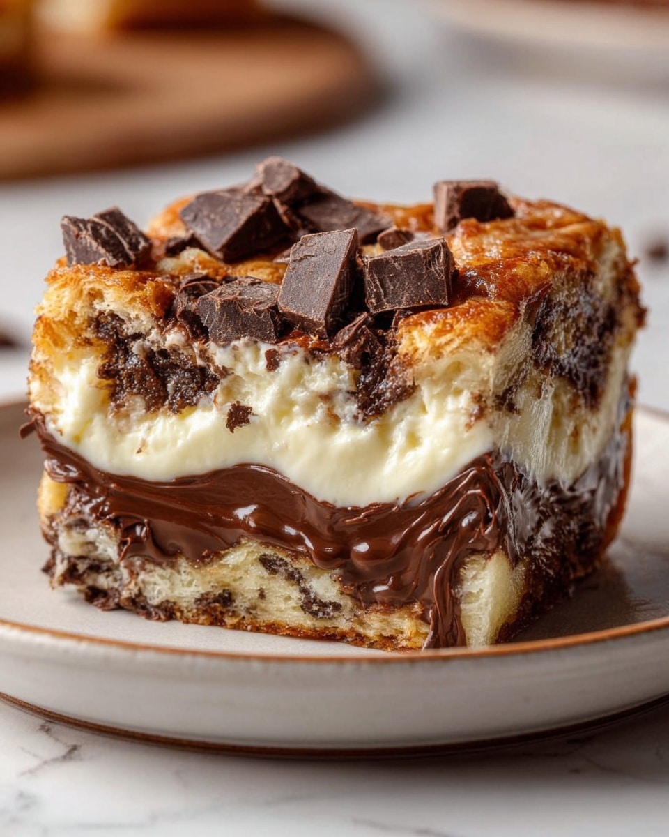 A close-up of a thick slice of layered dessert placed on a white plate with a slightly raised rim, set against a white marbled surface. The dessert has four main visible layers: the top layer is golden brown with a crisp, flaky texture, adorned with chunks of dark chocolate. Beneath it, there is a smooth creamy white layer, followed by a thick dark melted chocolate layer that appears rich and glossy. The bottom layer consists of a mixed texture of slightly crumbly dough with chocolate bits. The edges of the slice are browned and flaky, showing the baked crust wrapping around the layers. Photo taken with an iphone --ar 4:5 --v 7