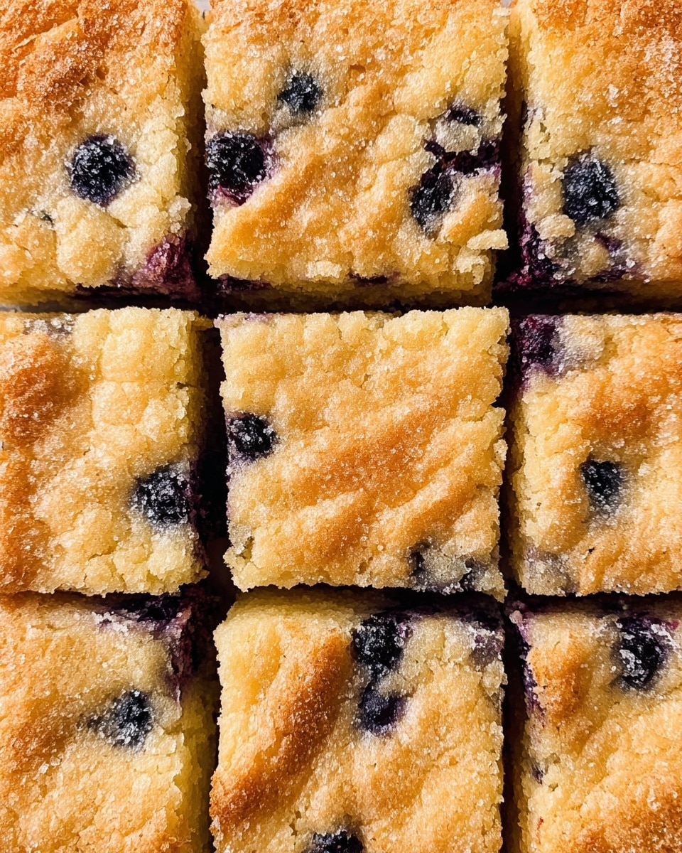 The image shows a close-up of a baked dessert cut into 16 square pieces arranged in a 4x4 grid. Each piece has a golden brown, slightly cracked top layer with a soft texture, revealing hints of darker purple spots beneath, likely from berries. The dessert looks moist inside with a light crumbly texture on the edges. The surface shows a slight sheen from the baked crust. The background is a white marbled texture. photo taken with an iphone --ar 4:5 --v 7