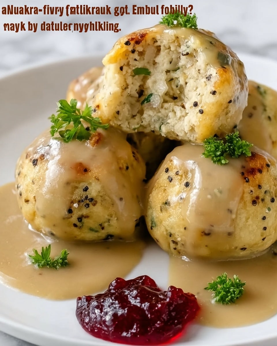 The image shows four round dumplings on a white plate, each covered with a smooth, light brown gravy with visible black pepper specks. One dumpling is cut open in the front, revealing a soft, crumbly inside with small green herbs mixed throughout. The dumplings have a slightly rough texture and a warm yellowish tone. Small green parsley leaves are sprinkled on top and around the dumplings, adding a fresh touch. To the side of the dumplings, there is a small amount of dark red sauce or jam. The background and surface where the plate is placed have a white marbled texture. photo taken with an iphone --ar 4:5 --v 7