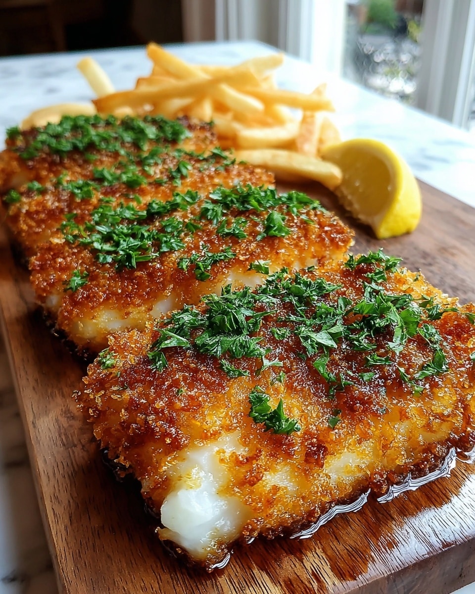 Four pieces of golden brown crusted fish sit on a wooden board with crispy textured tops covered in small dark brown and bright orange crunchy crumbs, layered over moist white flaky fish beneath. Fresh chopped green parsley is sprinkled over each piece and around the board, adding a bright contrast. Behind the fish, a wedge of lemon and a serving of golden curly fries are placed. The scene is set on a white marbled texture surface with soft natural light. photo taken with an iphone --ar 4:5 --v 7