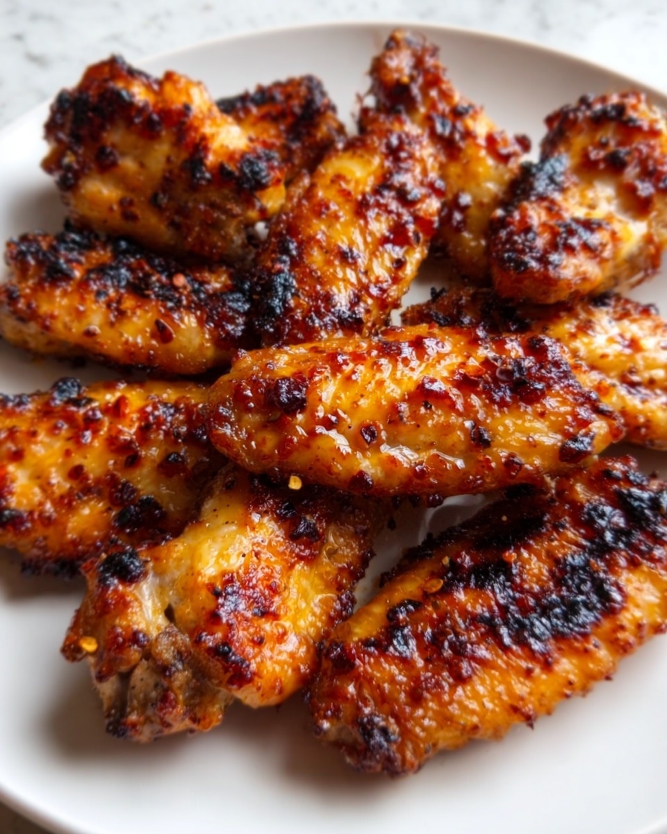 The image shows a close-up of several grilled chicken wings arranged on a white plate. The wings have a crispy, caramelized outer layer with a mix of golden brown, dark brown, and slightly charred spots, giving them a textured look. The sauce on the wings appears sticky and glossy, with small bits of seasoning and charred spots visible on the surface. The white plate sits on a white marbled surface, and the lighting highlights the shiny, rich glaze on the chicken wings. photo taken with an iphone --ar 4:5 --v 7