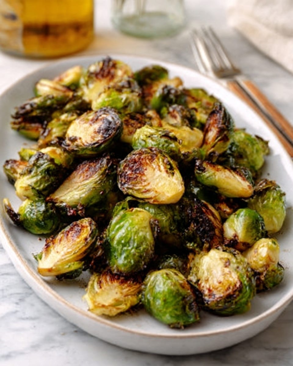 The image shows a white oval plate filled with roasted Brussels sprouts, cut in half and spread evenly. The Brussels sprouts have a mix of dark brown charred edges and bright green inner parts, giving a crispy and fresh look. The plate sits on a white marbled surface, with a blurred bottle and jar in the background. The lighting is natural, highlighting the texture and color of the sprouts. Photo taken with an iphone --ar 4:5 --v 7