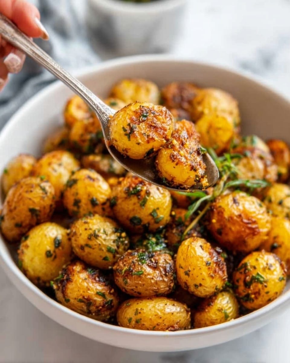 A white bowl filled with small, round roasted potatoes that are golden brown with crispy skins. The potatoes are covered with green herbs and seasoning, giving a fresh and flavorful look. A silver spoon scoops some potatoes from the bowl, held by a woman's hand. The background is a white marbled surface, softly blurred to focus on the potatoes. The photo taken with an iphone --ar 4:5 --v 7