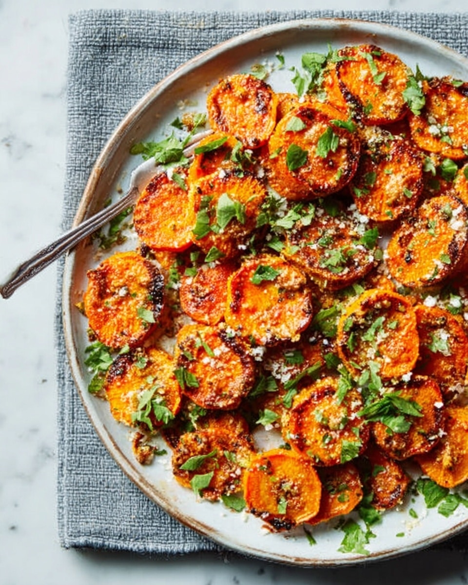 A white plate holds a pile of round, golden-brown roasted carrot slices, each slice showing some crisp edges and a slightly caramelized texture. The carrot rounds are topped with small flakes of white cheese and bright green chopped parsley scattered all over, some parsley leaves even resting beside the pile on the plate. The plate sits on a grey kitchen towel with a white marbled surface beneath. A silver fork and wooden utensil are visible near the plate, adding to the cozy setting. Photo taken with an iphone --ar 4:5 --v 7