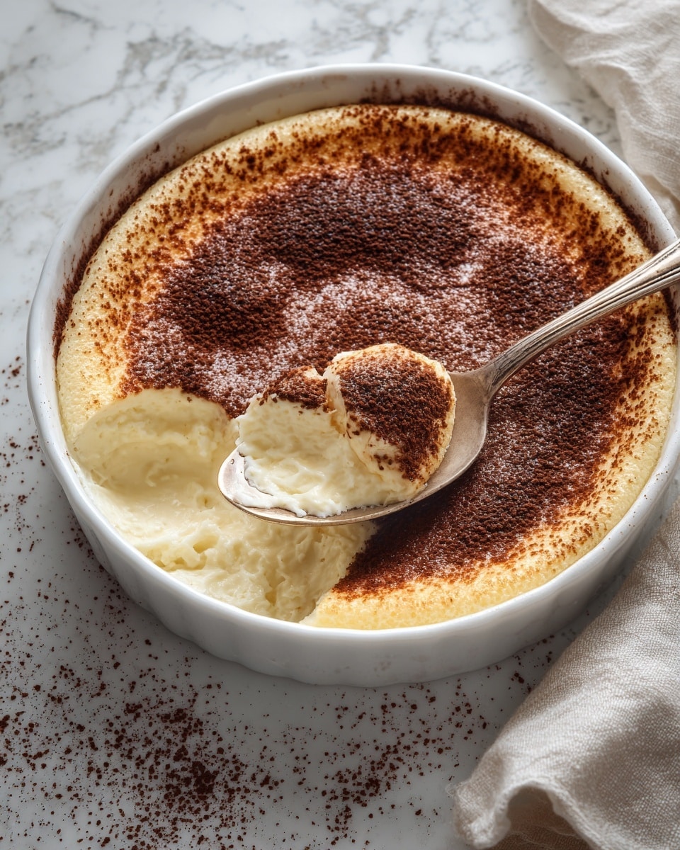 The image shows a white round dish filled with a soft, fluffy dessert that has a golden brown top sprinkled with cocoa powder and powdered sugar. The dessert has a textured surface with raised sections of darker brown, indicating a baked crust, while the inside is creamy white and smooth. A spoon is scooping out a portion, revealing the light, airy interior. The dish is placed on a white marbled textured surface. photo taken with an iphone --ar 4:5 --v 7