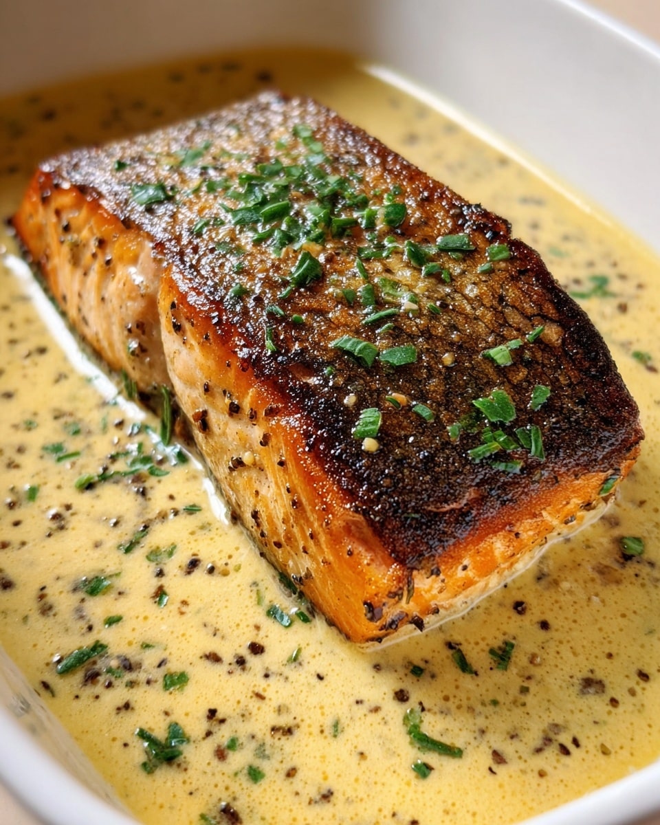 A thick, golden-brown piece of salmon fillet sits in a white baking dish, its crispy, seared skin showing a mix of dark and light brown textures with specks of black pepper. The salmon is covered halfway with a creamy, pale yellow sauce flecked with black pepper and herbs, pooling around the edges of the fish in the dish. Bright green chopped herbs are sprinkled on top, adding a fresh contrast to the rich colors of the salmon and sauce. The background is a white marbled texture. photo taken with an iphone --ar 4:5 --v 7