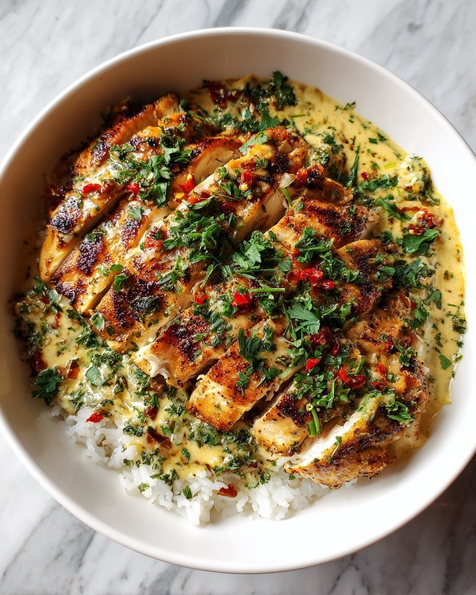 This image shows a white bowl filled with cooked white rice as the base layer. On top of the rice are thick slices of grilled chicken breast, with a browned and slightly charred surface. The chicken is covered generously with a creamy beige sauce dotted with red pepper flakes and finely chopped green herbs. More chopped green herbs are sprinkled on top of the sauce, adding a fresh touch. The bowl is set on a white marbled surface. photo taken with an iphone --ar 4:5 --v 7