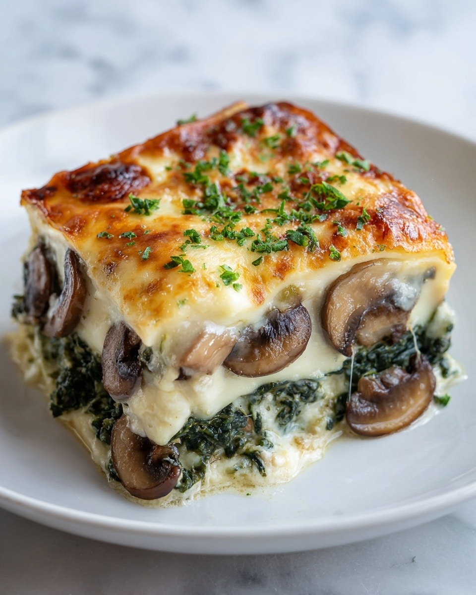 A close-up of a square slice of lasagna on a white plate, showing four layers: the bottom layer is a dense, dark green spinach mixture, followed by a creamy white cheese layer with soft, melted texture mixed with small bits of mushroom, then a layer of cooked mushrooms with a slightly brown color, and topped with a golden-brown melted cheese crust that is bubbly with small browned spots and sprinkled with chopped green herbs. The edges of the slice are clean, and the cheese topping slightly drapes over the sides, highlighting its gooey texture. The background is a white marbled surface. photo taken with an iphone --ar 4:5 --v 7