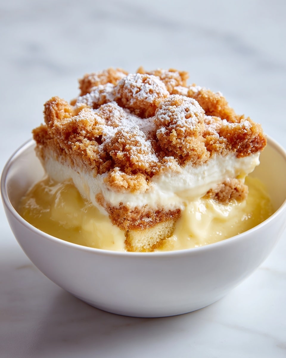 The image shows a close-up of a muffin with a crumbly topping. The muffin itself has a golden-brown crust with a slightly rough texture. On top, there are uneven clusters of brown streusel sprinkled with white sugar crystals. The muffin's inside is soft and yellow, partially visible through gaps in the crumb topping. The background is a white marbled texture. photo taken with an iphone --ar 4:5 --v 7
