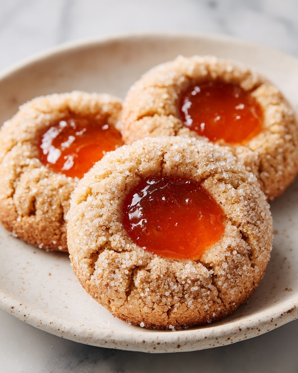 Three round thumbprint cookies are placed close together on a white, slightly speckled plate. Each cookie has a light brown, crumbly outer layer covered in a dusting of sugar crystals, giving a lightly rough texture. In the center of each cookie is a smooth, glossy orange jam filling that looks thick and shiny, contrasting with the cookie base. The plate is on a white marbled surface, adding a clean and soft background. Photo taken with an iphone --ar 4:5 --v 7