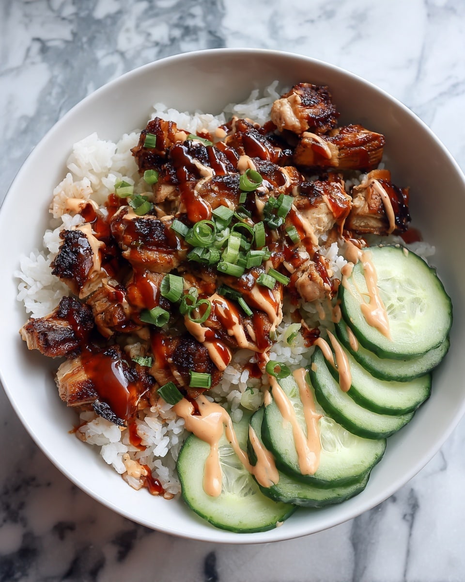 A white bowl filled with a base layer of white rice, topped with chunks of grilled chicken glazed with a shiny, dark brown sauce. Over the chicken, there is a drizzle of creamy, light orange sauce and small pieces of fresh green scallions scattered on top. On one side of the bowl, there are thick slices of cucumber, adding a fresh green color and rough texture. The bowl is placed on a white marbled surface. Photo taken with an iphone --ar 4:5 --v 7