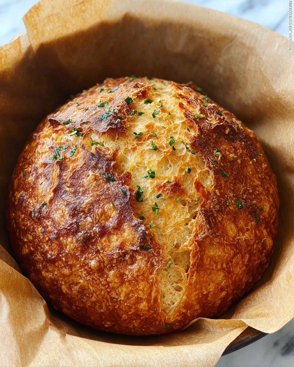 A round loaf of bread with a golden-brown crust sits in a bowl lined with brown parchment paper. The bread has a rough texture with darker toasted spots and cracks on the surface showing a soft, light inside. Sprinkles of green herbs are scattered on top. The bowl is set on a white marbled surface. photo taken with an iphone --ar 4:5 --v 7