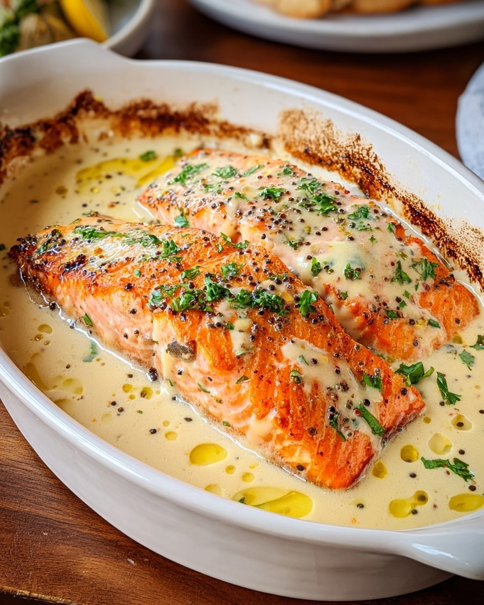 A baked salmon fillet is shown in a white oval baking dish, placed on a white marbled surface. The fillet is cut into three thick sections and has a crisp, golden-orange seared top with visible black pepper flecks. The fish is covered with a creamy, white sauce that has small bits of herbs and pepper throughout. Fresh green parsley pieces are sprinkled on top of the salmon and sauce. The sauce pools around the fillet, showing some slight browning near the dish edges. photo taken with an iphone --ar 4:5 --v 7