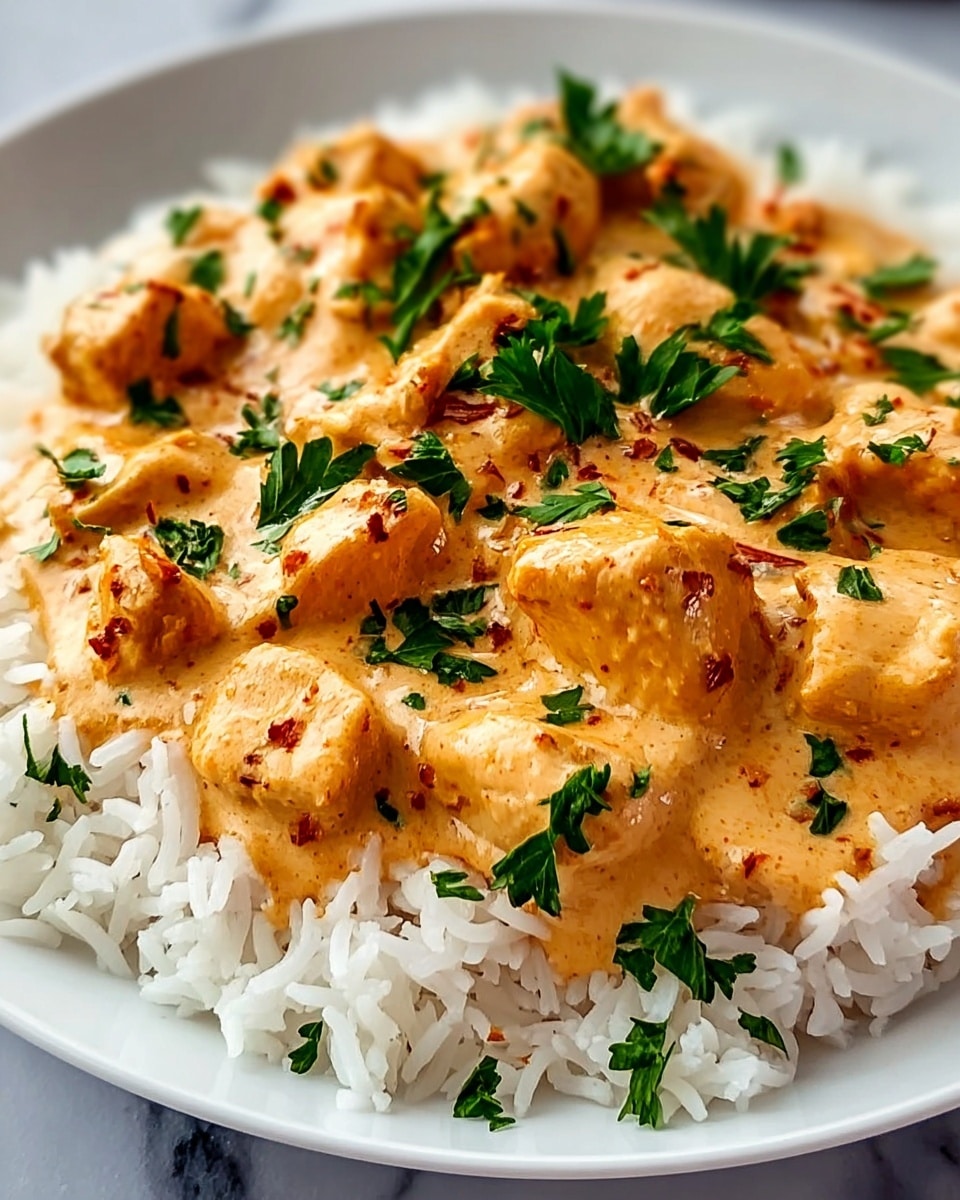 A white plate filled with a base layer of fluffy white rice, topped with a thick creamy orange sauce that covers medium chunks of tender chicken. The chicken pieces are lightly browned on the edges, adding texture and depth to the sauce. Small green herbs are sprinkled across the sauce, adding a fresh touch of color. The plate sits on a white marbled surface. photo taken with an iphone --ar 4:5 --v 7