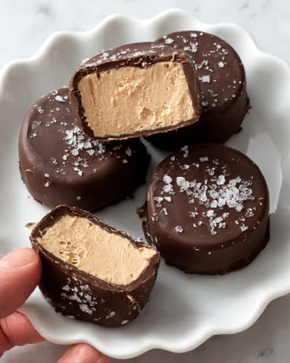 The image shows six round treats covered in a smooth dark brown chocolate layer, arranged on a white plate over a white marbled surface. One treat is cut in half and placed on top, showing a creamy light beige filling inside, which looks soft and fluffy. Small white salt crystals are sprinkled on top of some chocolate covers, adding texture and contrast. The chocolate coating has a slightly glossy finish with gentle ripples. photo taken with an iphone --ar 4:5 --v 7