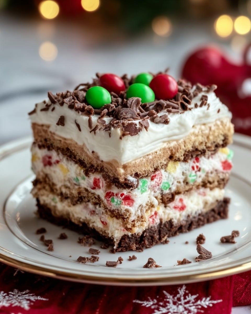 The image shows a square slice of layered chocolate dessert on a white plate with a gold rim. The dessert has five visible layers: a light brown crumbly base, followed by a thick white creamy layer with small red and green candy pieces, then a dark chocolate cake layer, another white creamy layer with candy pieces, and a final dark chocolate cake layer topped with a thick white cream layer. On top, there are small red and green round candies and chocolate shavings scattered over the white cream. The plate sits on a red cloth decorated with white snowflakes, and the background is a soft white marbled texture with warm blurry lights. Photo taken with an iphone --ar 4:5 --v 7